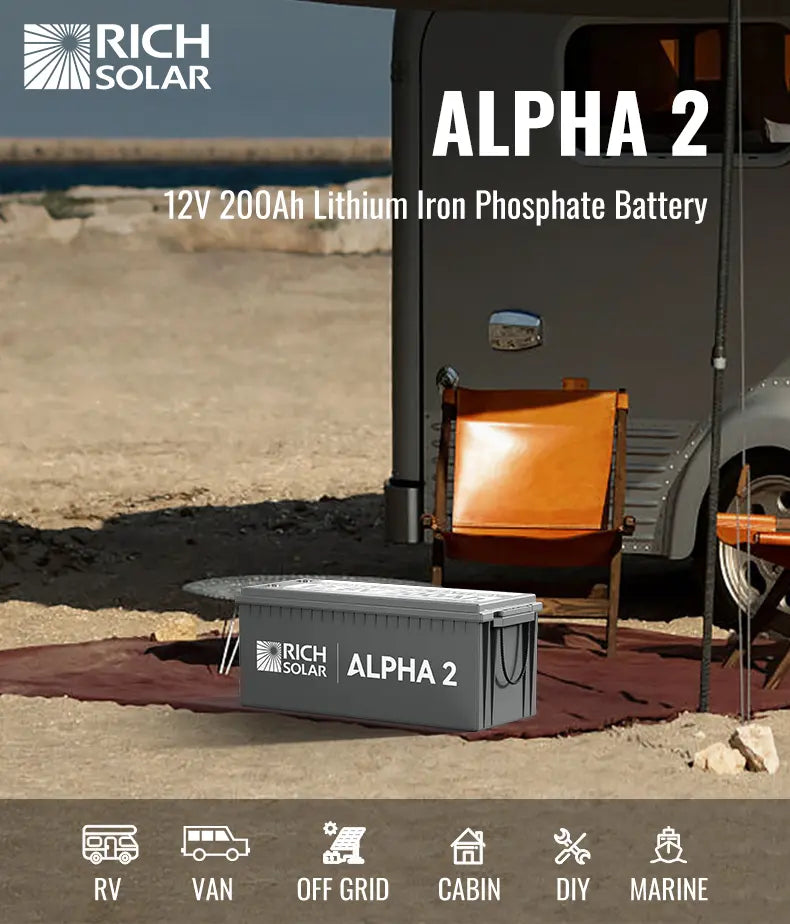 RichSolar ALPHA 2 | 12V 200Ah LiFePO4 Battery | Powerful Lithium Battery for RVs, Trailers, Vans, Boats, Off-Grid | 5,000 Lifetime Cycles | Bluetooth & Internal Heat Technology | RS-B122S