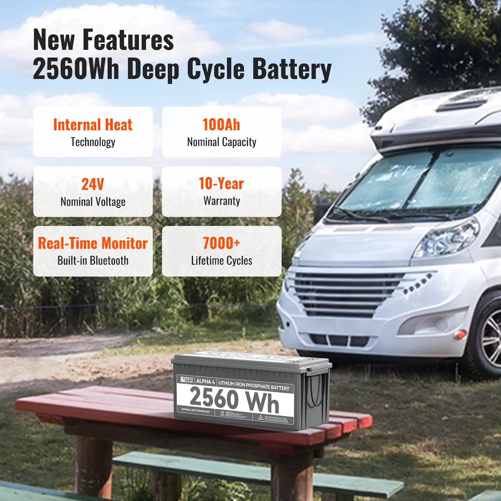 RichSolar ALPHA 4 | 24V 100Ah LiFePO4 Battery | Powerful Lithium Battery for RVs, Trailers, Vans, Boats, Off-Grid | 5,000 Lifetime Cycles | Bluetooth & Internal Heat Technology | RS-B241S